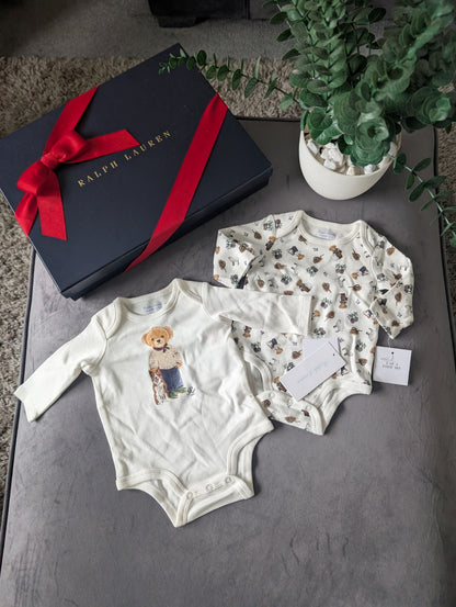 New Ralph Lauren Baby X 2 White Unisex Bear Floral Vest Logo Newborn Gift Cute