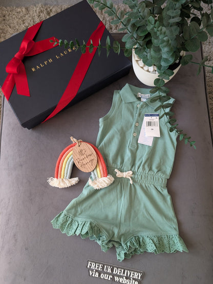 New Ralph Lauren Girls Green Frill Playsuit Gift Pretty 6-9m Summer Beach Gift