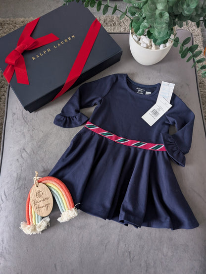 New Ralph Lauren Baby Girls Navy Frill Sleeve Dress Bloomers 9-12m Occasion Gift