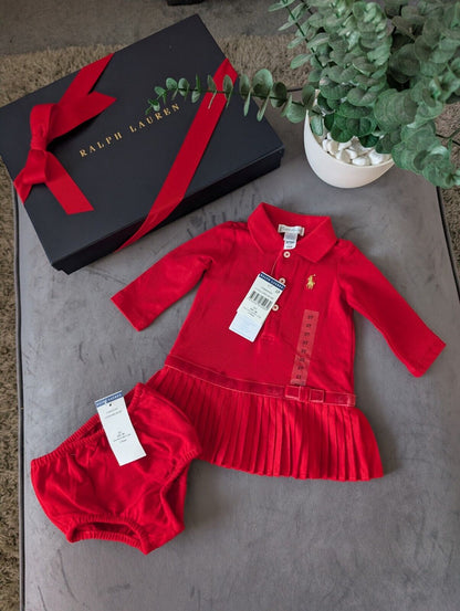 New Ralph Lauren Pleated shirt dress Red Bow 3months Occasion Formal Tennis