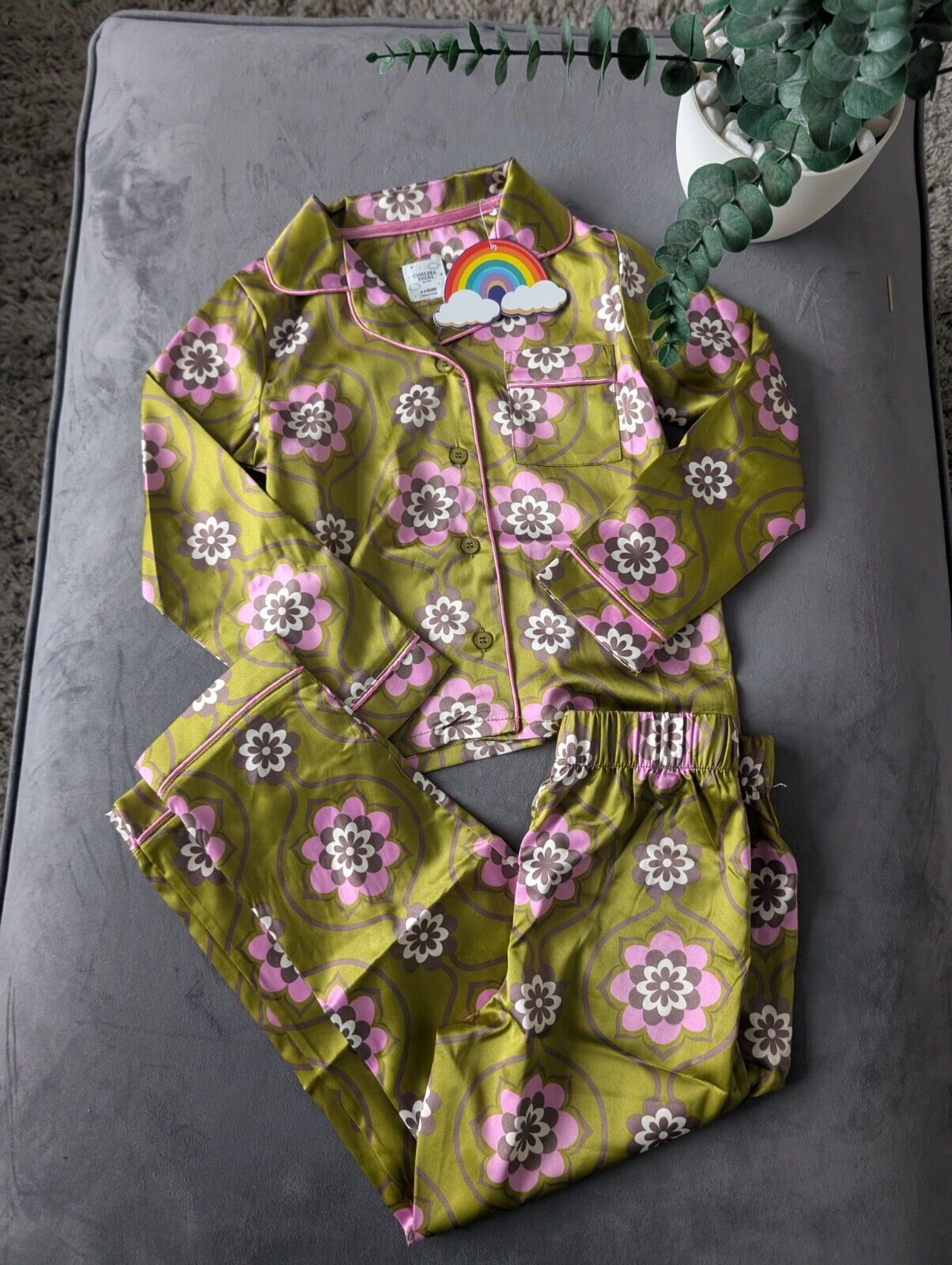 New Chelsea Peers Kids Yellow Satin Green Pink Print Pyjama Set Yellow Age 3-4yr