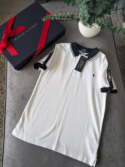 New Ralph Lauren Boys White Blue Stripe Polo T Shirt 7yr Smart Gift Casual