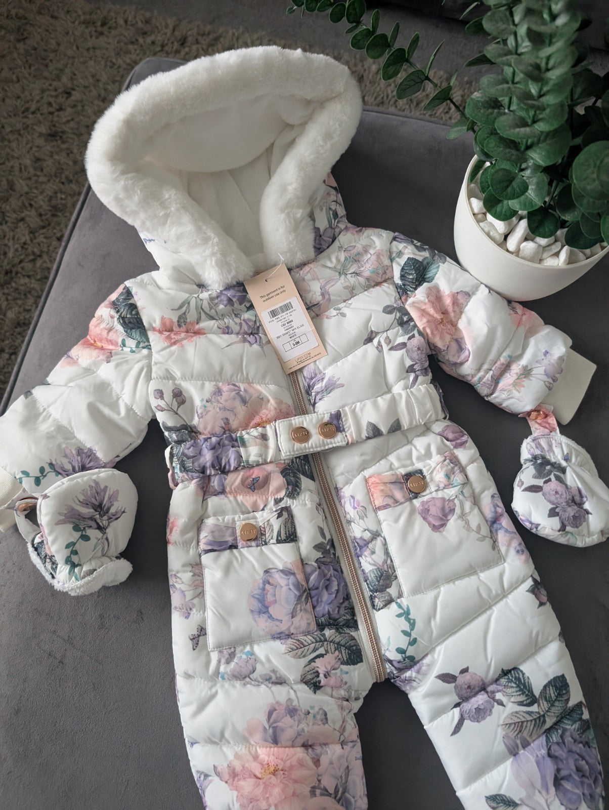 NEW Gorgeous Faux Fur Lined Soft Floral Pink Roses Lipsy Snowsuit/pramsuit 3-6m