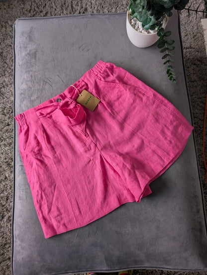 New Women's BODEN 100% Linen Bright Pink Shorts UK 12 Pink Tie Belt Summer