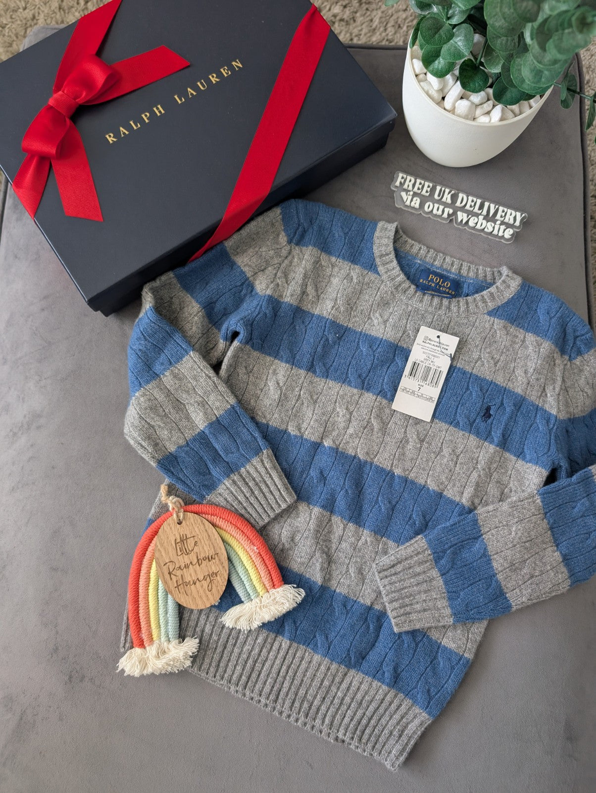 New Boys Ralph Lauren Blue Grey Stripe Cable knit jumper Cashmere Blend 6/7yr