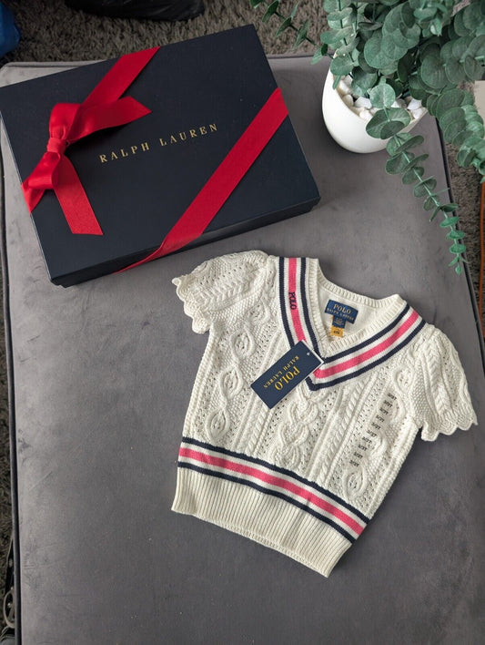 New Polo by Ralph Lauren Cable Knit Jumper Ivory Girls 3 Yr Frill Gift Winter