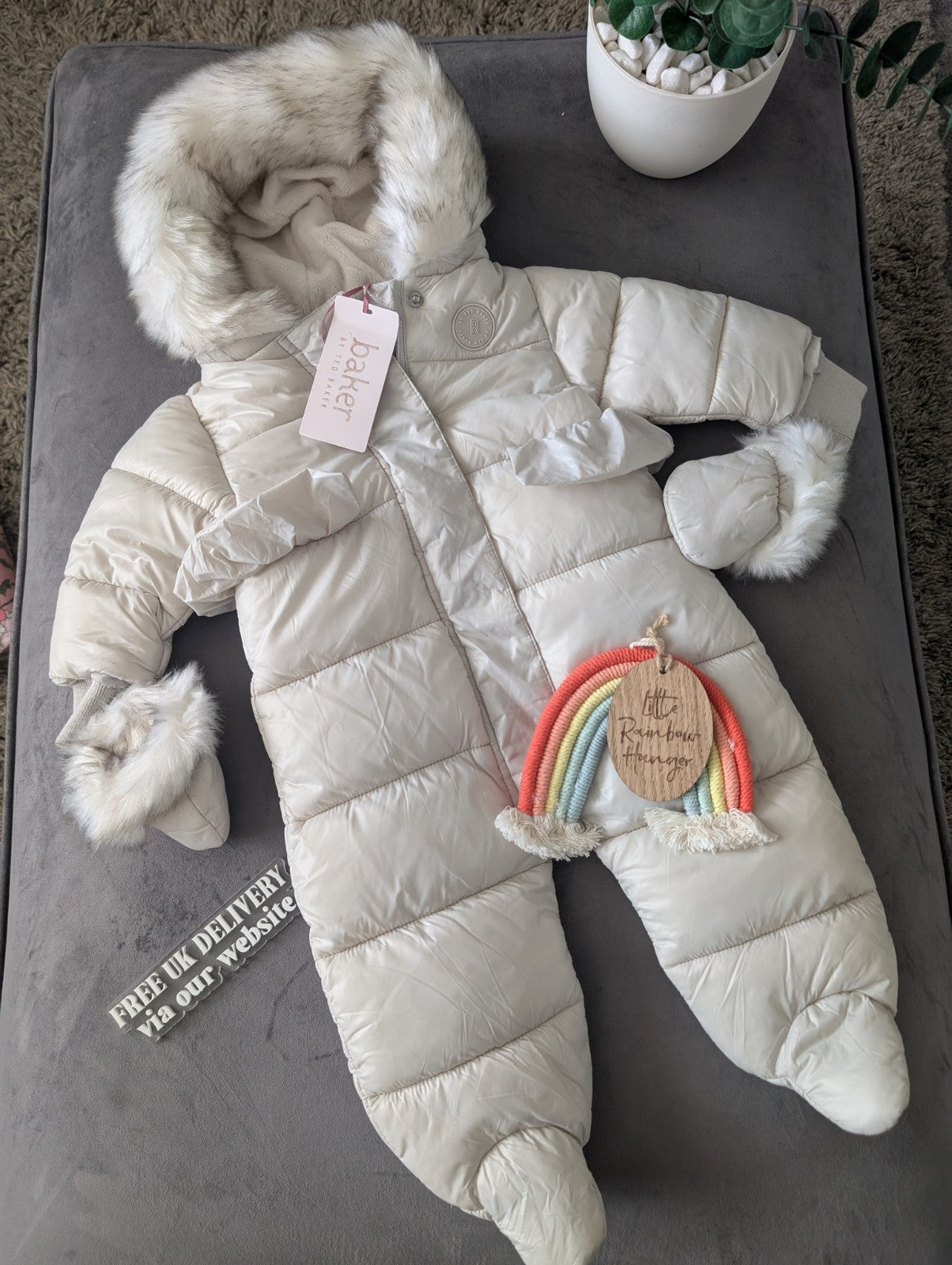 Ted Baker Silver Padded Ruffle Trim Snowsuit & Mittens Set Age 3-6mths BNWT £54