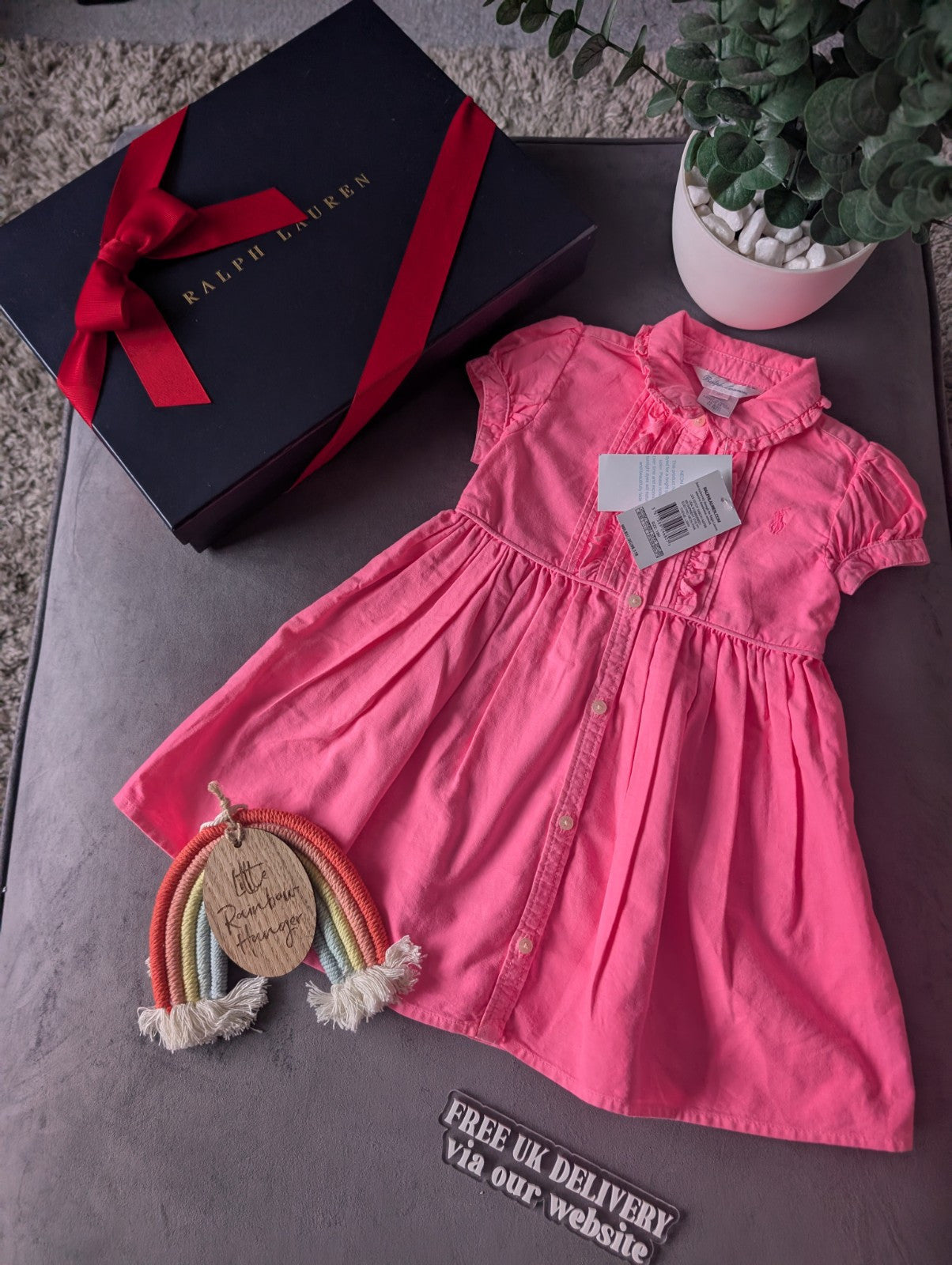 New Girls Polo Ralph Lauren Gorgeous Plain  Dress Oxford Neon Pink 12-18m Smart