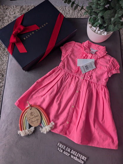 New Girls Polo Ralph Lauren Gorgeous Plain  Dress Oxford Neon Pink 12-18m Smart