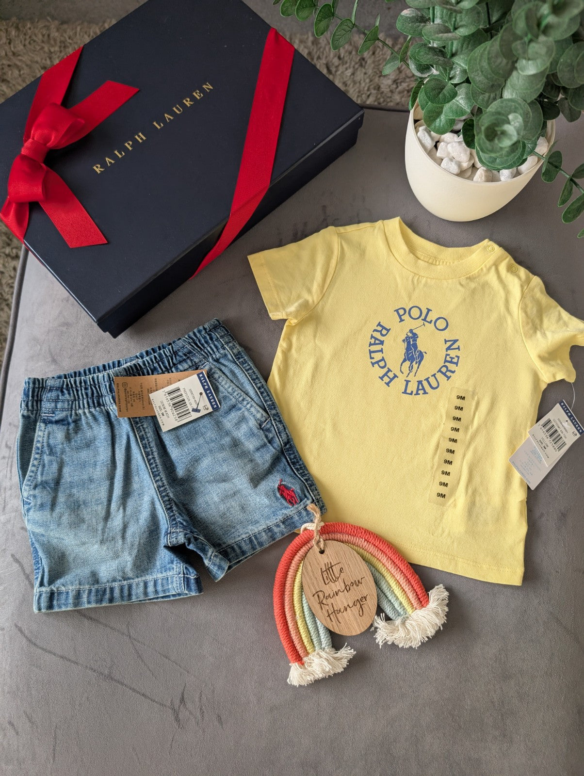 New polo Ralph Lauren baby t shirt Yellow + Denim Shorts 6-9m gift pony Logo