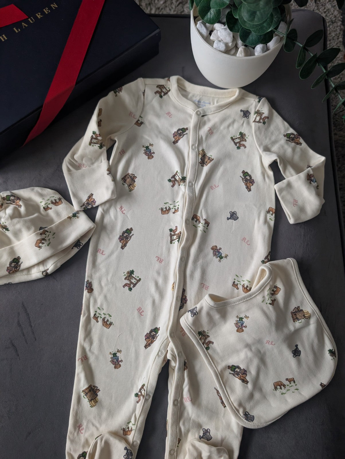 New Ralph Lauren Girls Pink Baby 3 Piece Gift Set Farmhouse 6-9m Ivory RRP£115