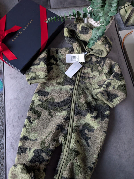 New Ralph Lauren baby boys faux shearling bear all in one snowsuit Army gift 6-9