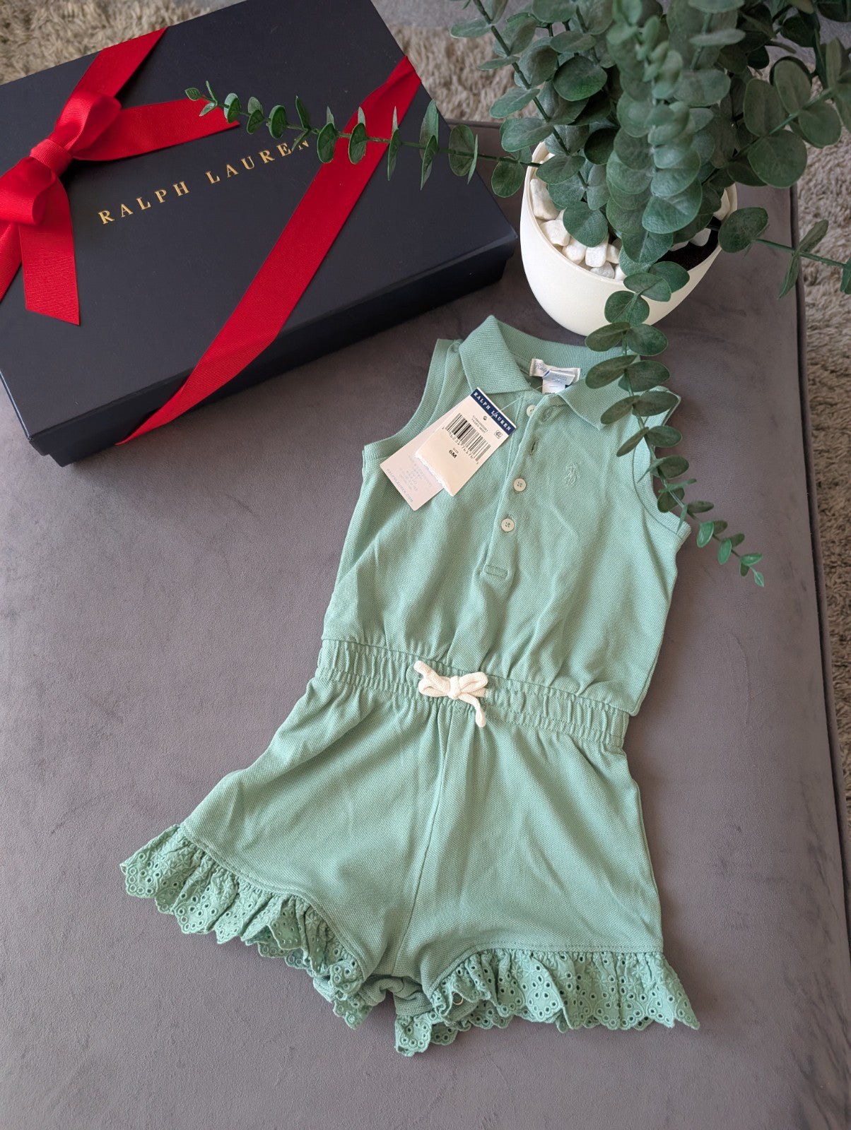 New Ralph Lauren Girls Green Frill Playsuit Gift Pretty 6-9m Summer Beach Gift