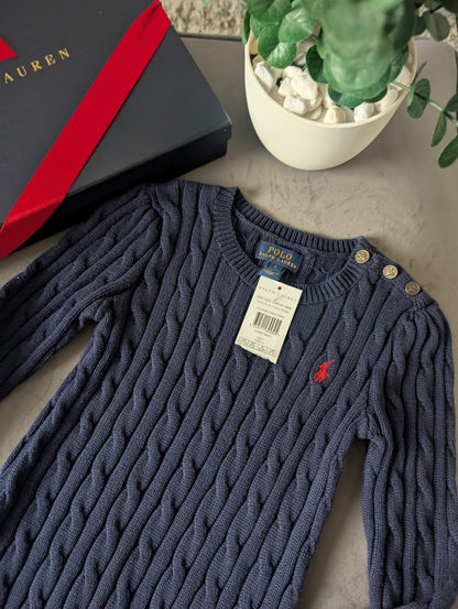 New Polo Ralph Lauren Girls Cable Knit Blue Crew Neck Dress 6y Navy Gift Smart