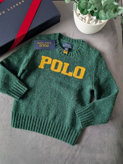 New boys polo Ralph Lauren Green Yellow Wool knit jumper logo polo Gift smart 4y