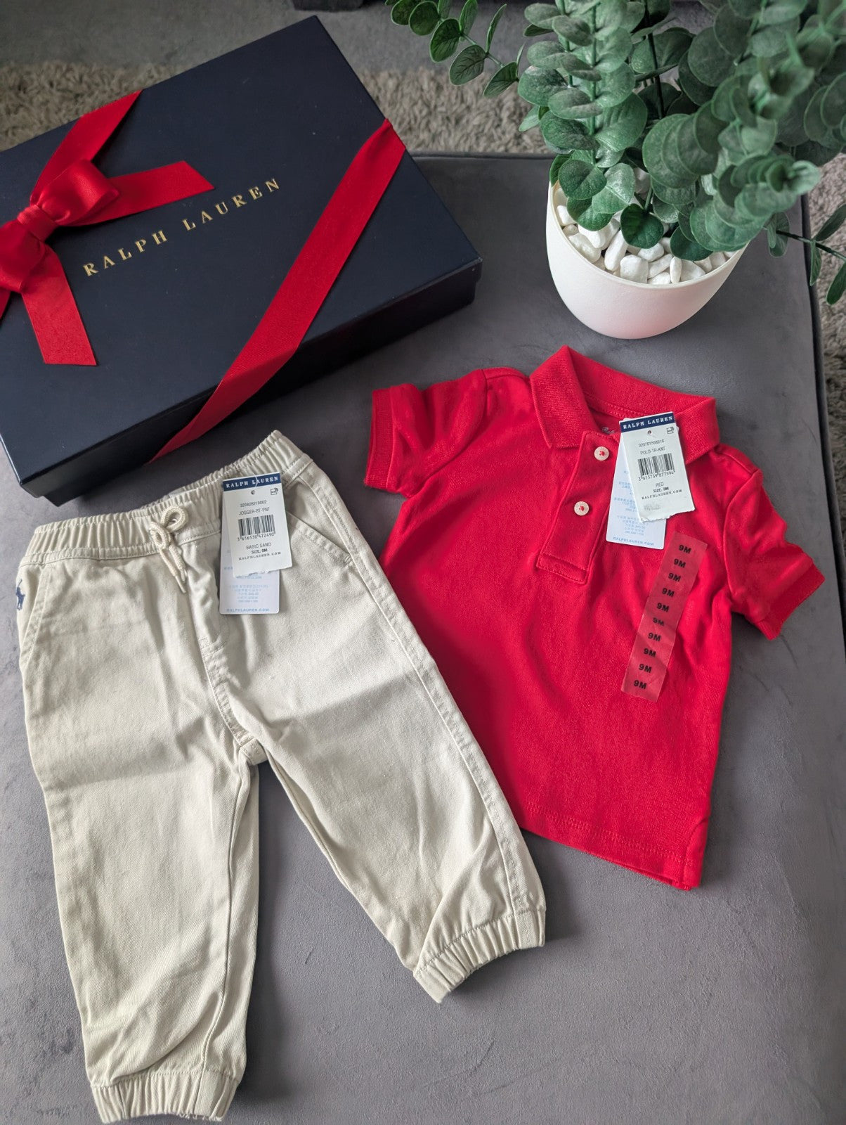 New adorable Ralph Lauren boys Polo Shirt Red  + Chino Trousers Age 6-9m Gift