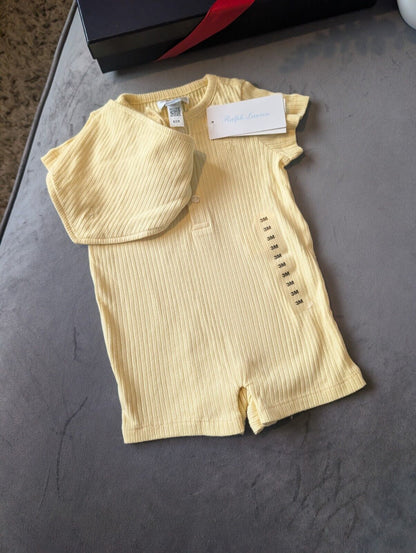 New Ralph Lauren Baby Boy Romper Yellow + Bib Pony Logo Gift New 0-3m  £70