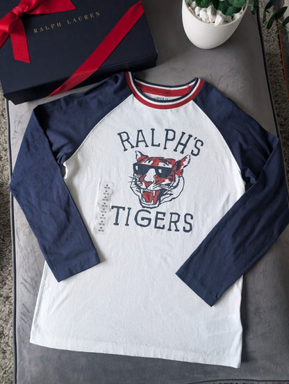 New Ralph Lauren Boys Blue Ralph Tigers Logo Ralph T Shirt Long Sleeve 10-12yrs