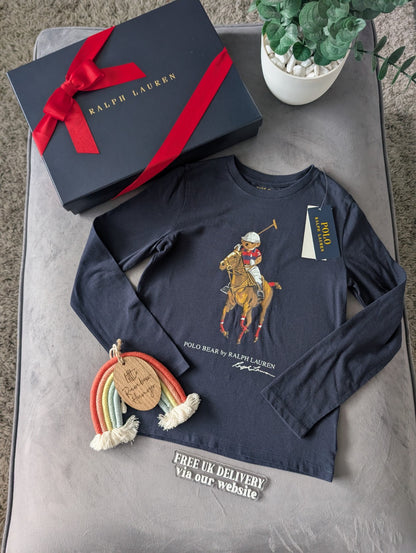 New Ralph Lauren Girls Horse Long Seeve T Shirt 6-7yr Smart Navy Cute Gift