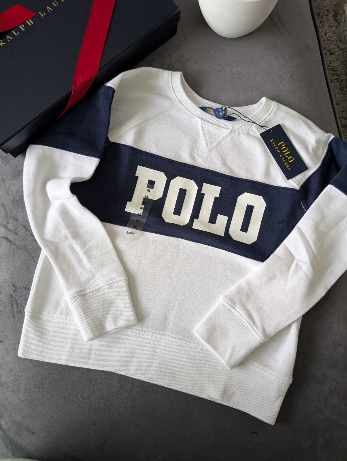 New Ralph Lauren Girls 8-10yrs Ivory  Fleece Pullover Jumper Navy White £89