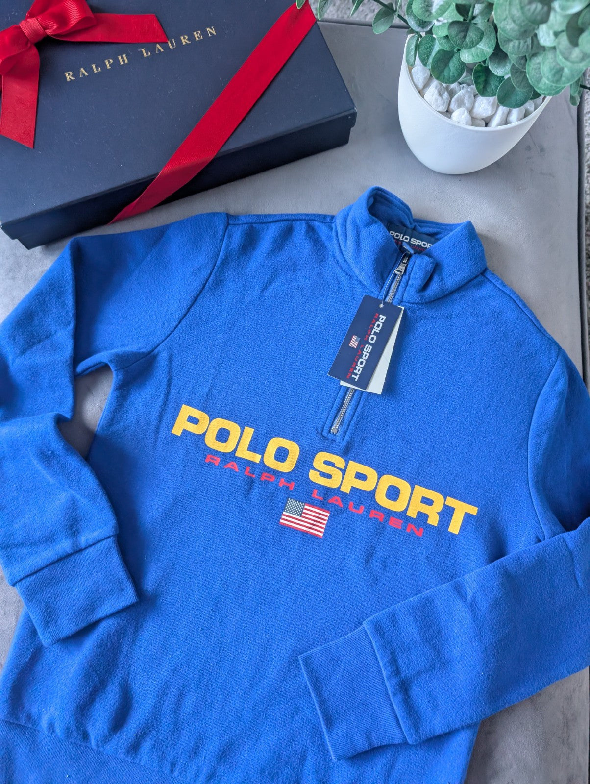 New Ralph Lauren Boys Tracksuit Top Blue 1/4 Zip Polo Sport 10-12y Gift Blue