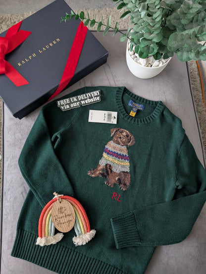 New 2024 Ralph Lauren Green Unisex Dog Knit Jumper Sweater Moss 10-12y £159 Gift