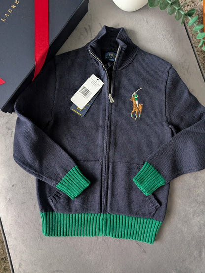 New Ralph Lauren boys big pony full zip knit jacket Navy Green autumn winter 7