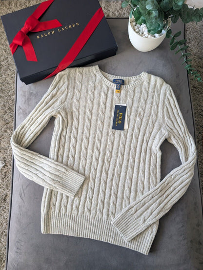 New Polo by Ralph Lauren Cable Knit Jumper Ivory Girls 16y Glitter Sparkle New