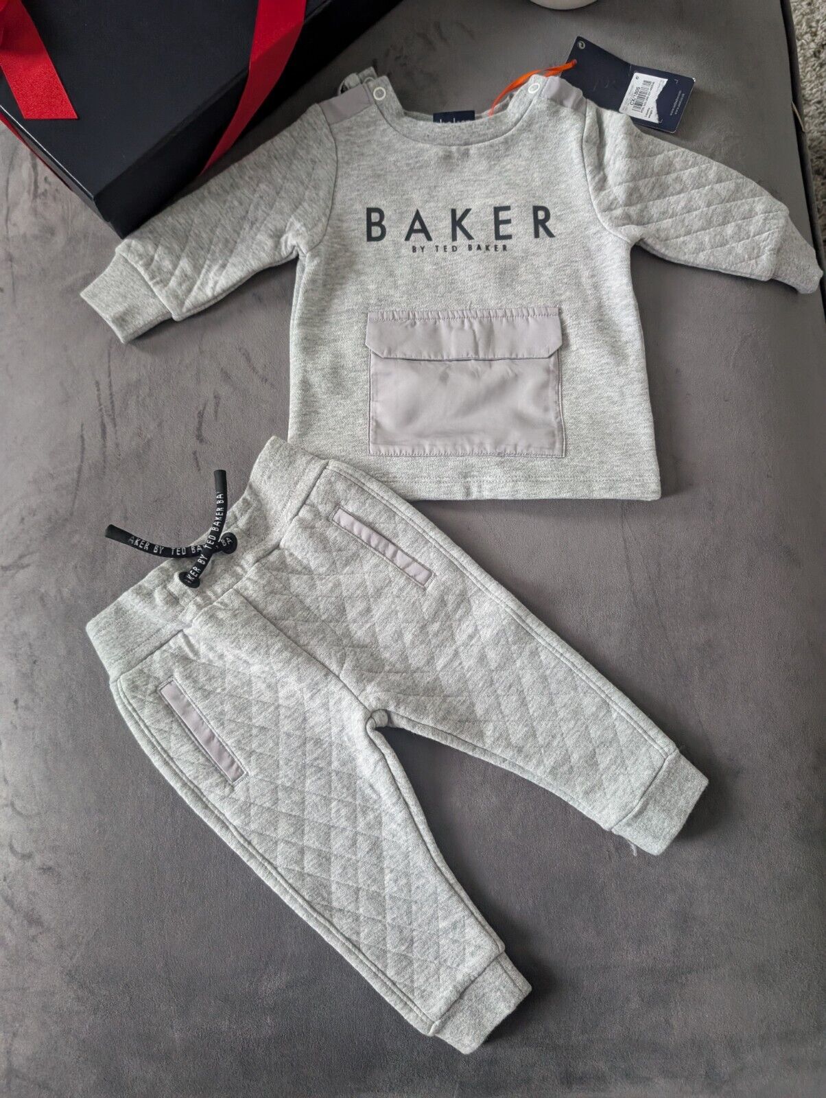 BNWT Ted Baker Boy Grey Blue Logo Tracksuit Jogger Set Outfit 3-6m Quilted Gift