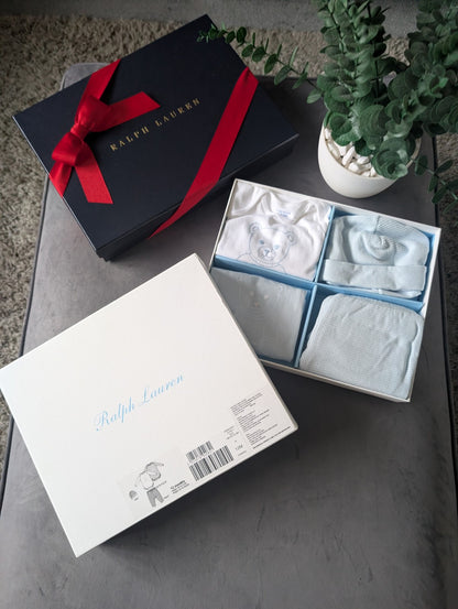 New Baby Boy Ralph Lauren 4 Pcs Gift Set Bear  9-12 Baby Blue Gift £109 Gorgeous