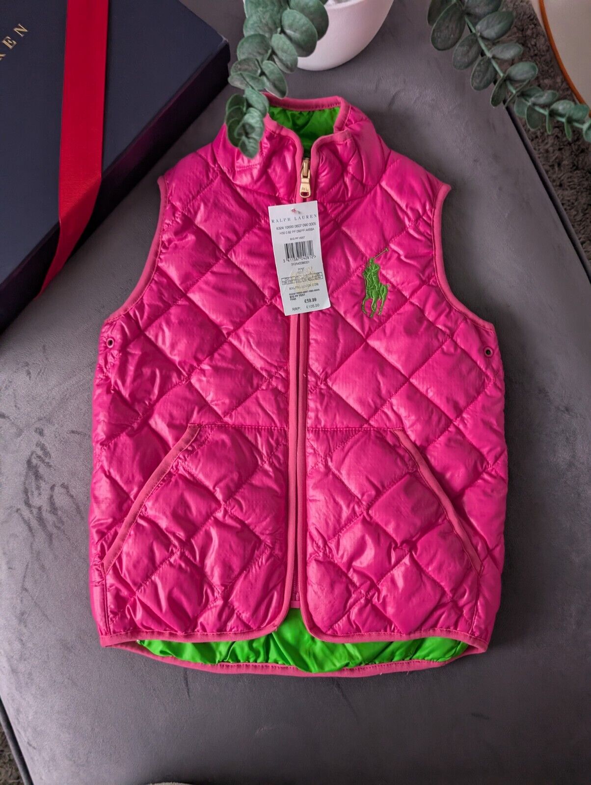 New Ralph Lauren Girls Bright Pink Green Quilted Gilet Bodywarmer Age 5 Gift