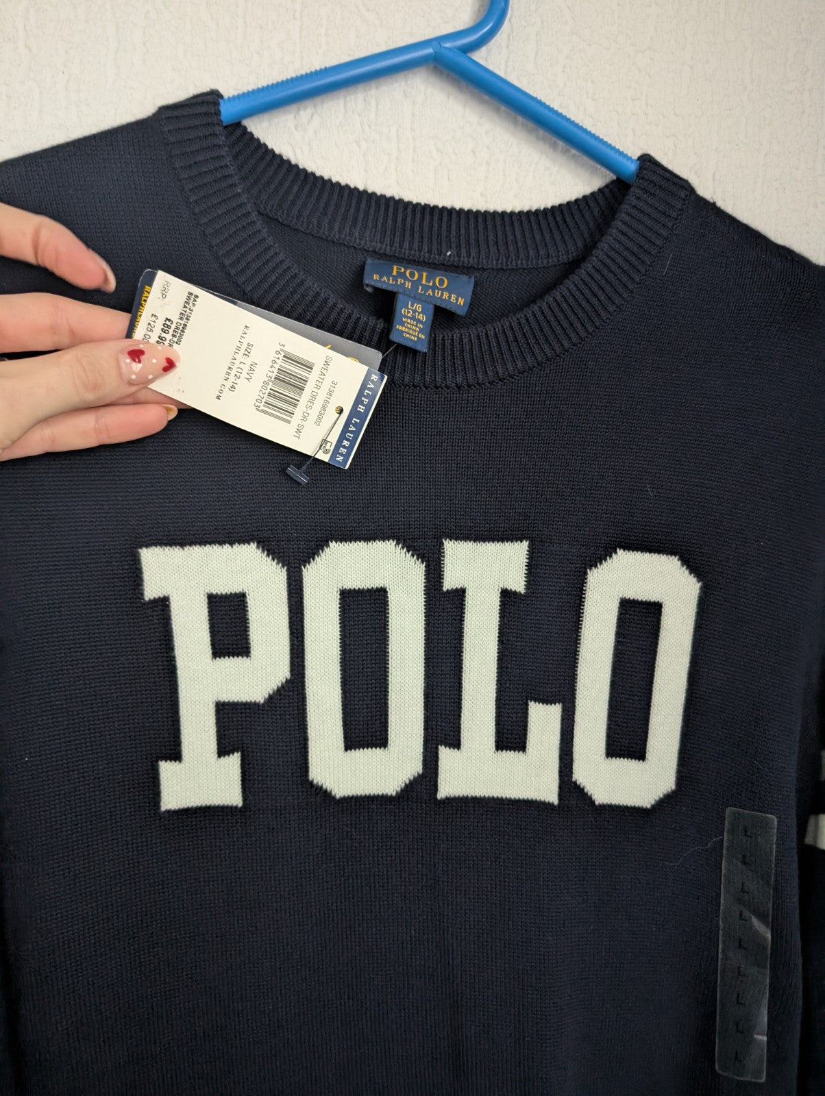 New Ralph Lauren Girls Polo Logo Knit Sweater Dress Dark Navy Size L 12-14Y