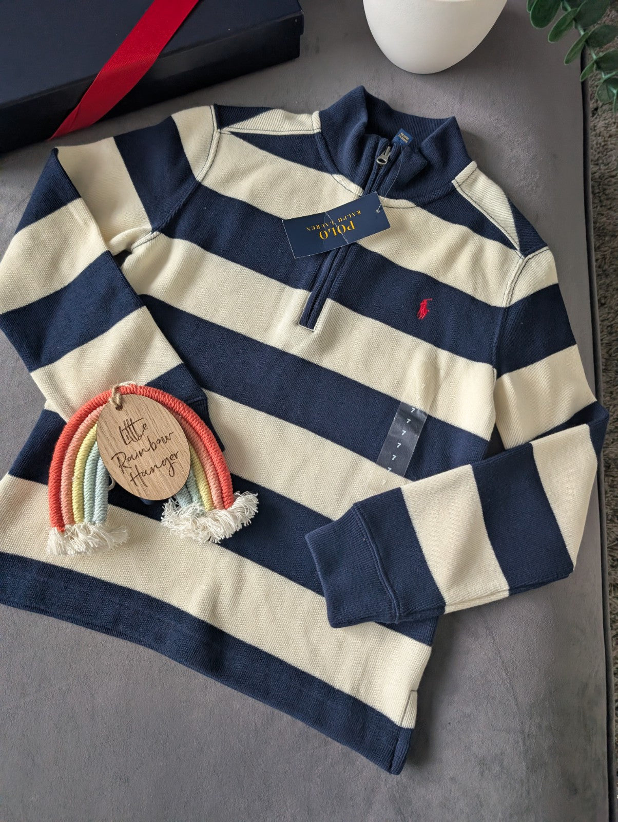 New Ralph Lauren boys Navy 1/4 zip knit jacket Navy Cream Stripe Smart Boys 6-7y