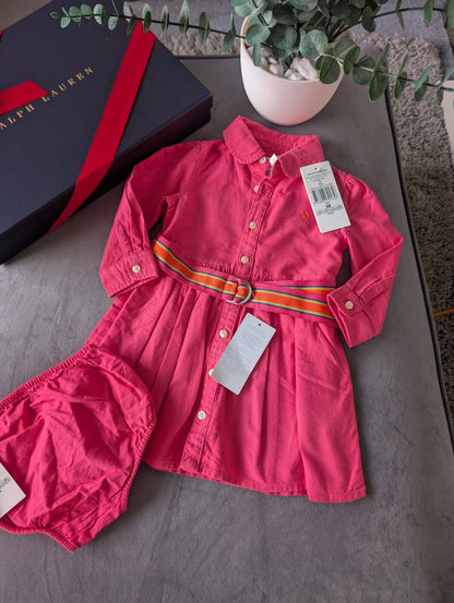 Ralph Lauren Polo girls buttoned Oxford Shirt dress Pink Belt Yellow 6-9m Gift