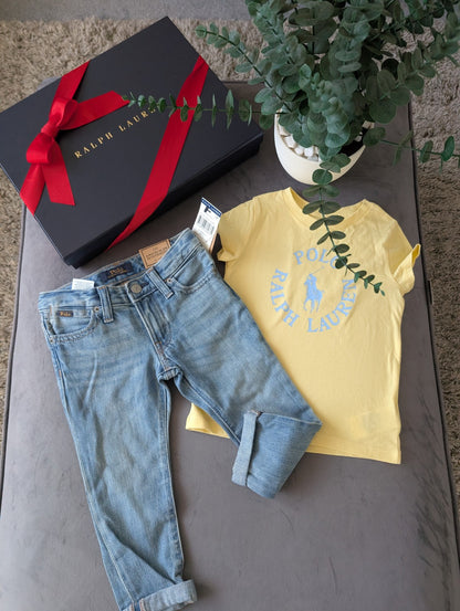 New Ralph Lauren Girls Yellow T Shirt + Blue Denim Boyfriend Jeans Summer 2yrs