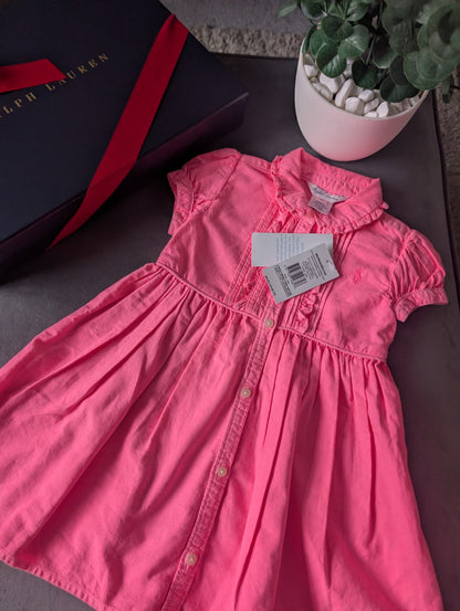 New Girls Polo Ralph Lauren Gorgeous Plain  Dress Oxford Neon Pink 12-18m Smart