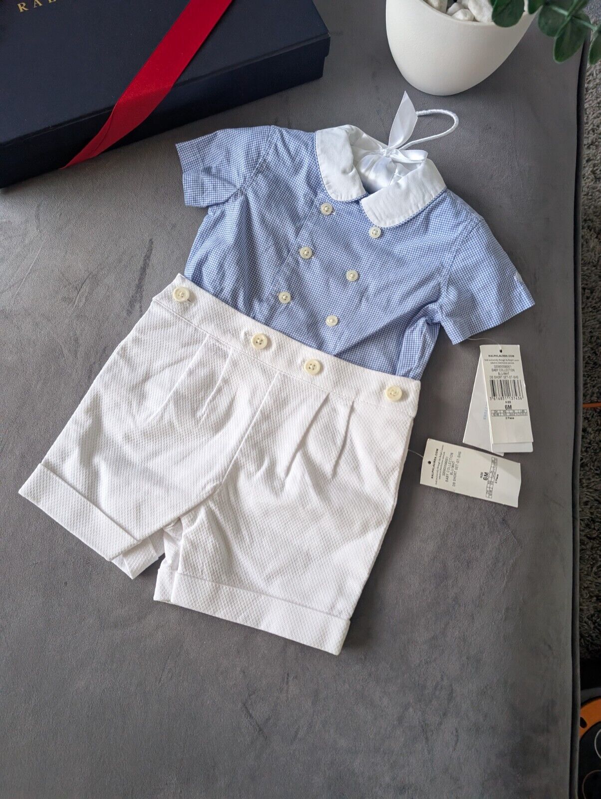 New Gorgeous Ralph Lauren Baby Boys Blue Gingham 2inOne Outfit Shirt Short 3-6m