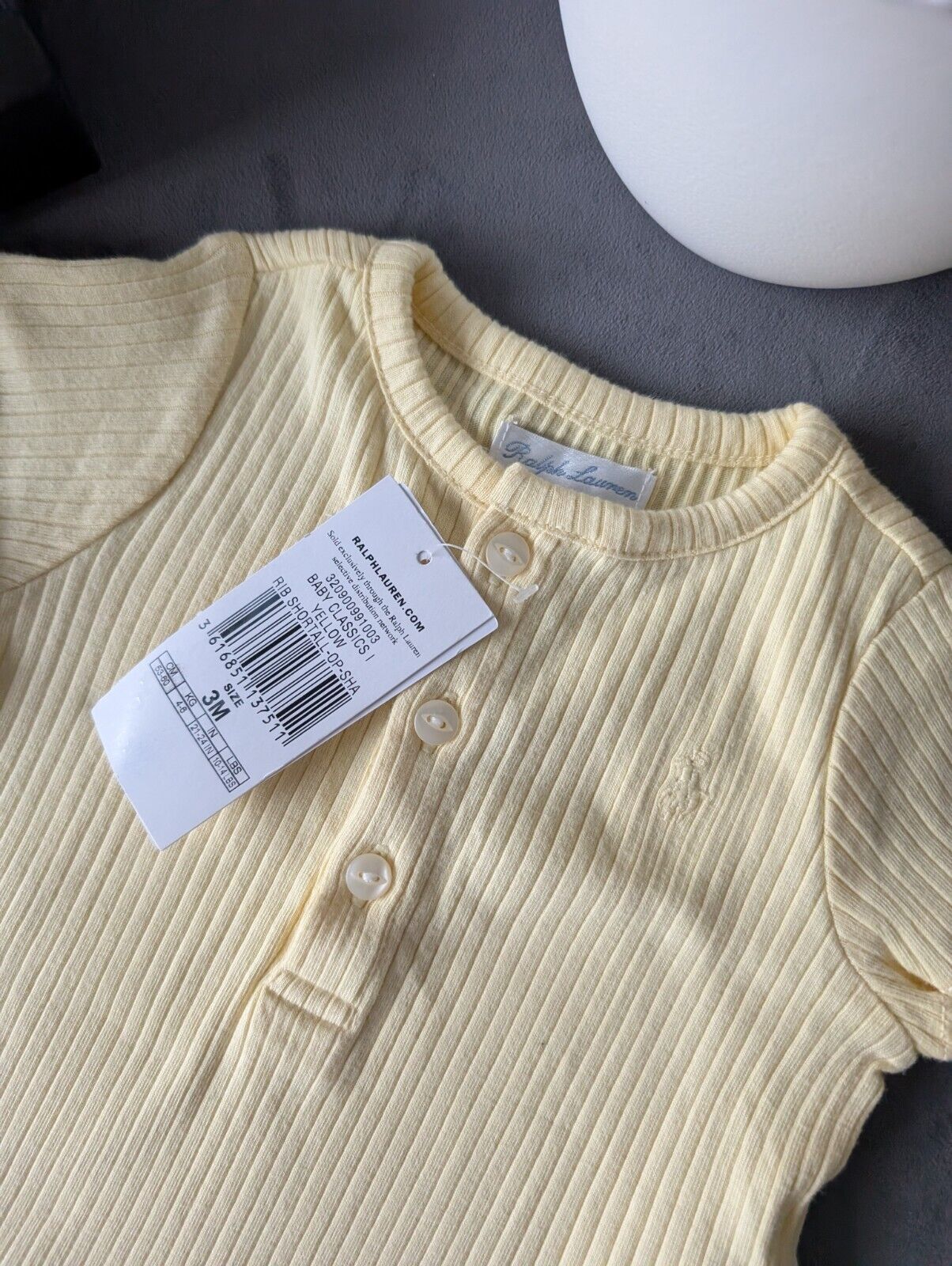 New Ralph Lauren Baby Boy Romper Yellow + Bib Pony Logo Gift New 0-3m  £70