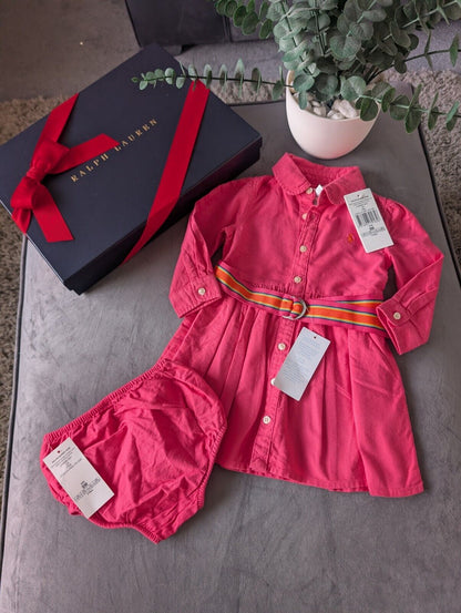 Ralph Lauren Polo girls buttoned Oxford Shirt dress Pink Belt Yellow 6-9m Gift