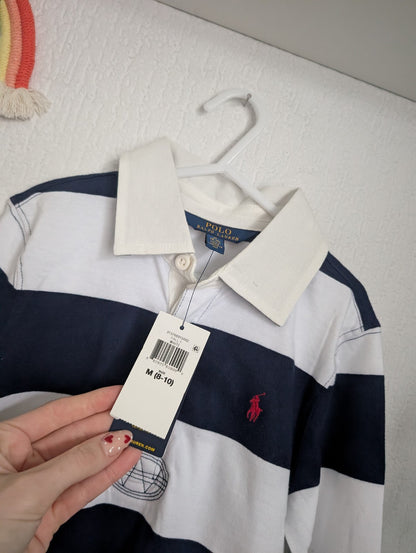 New Ralph Lauren Polo Rugby Style Stripe Dress Navy Blue Size Girls M 8-10 Gift