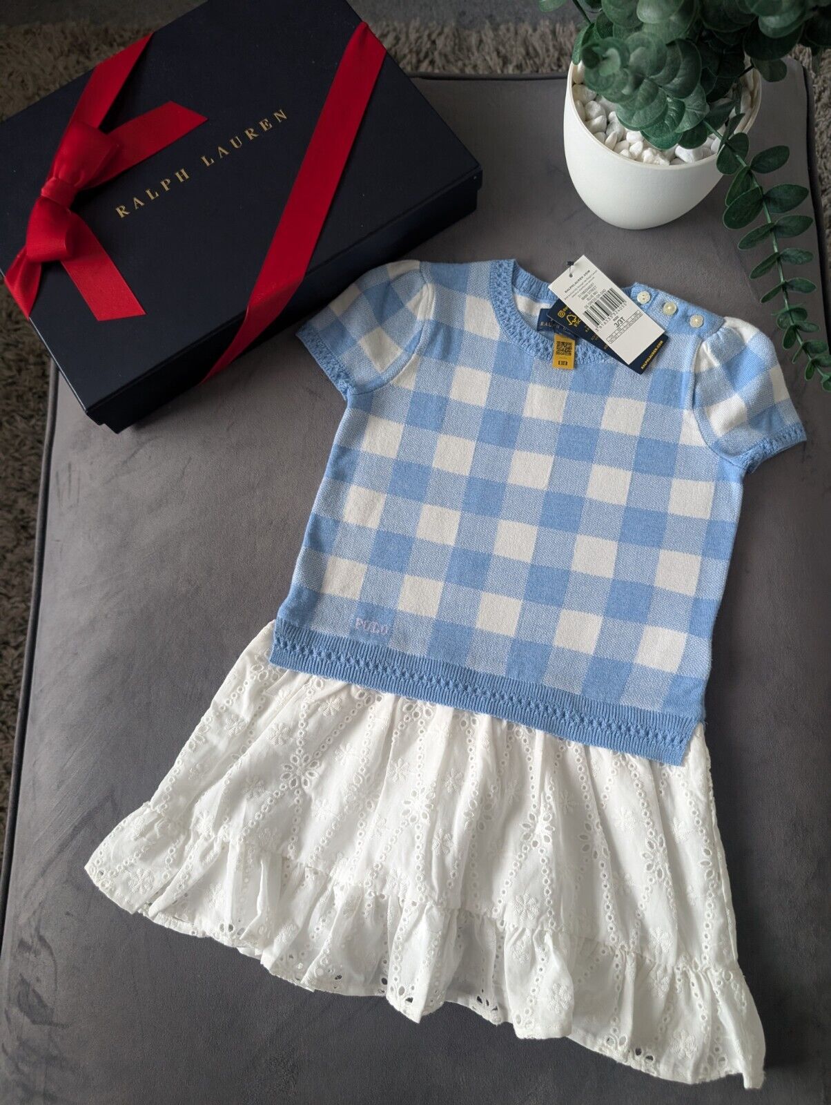 New Ralph Lauren Gorgeous Girls Tartan Jumper Dress Blue Embroidery Anglaise 3y