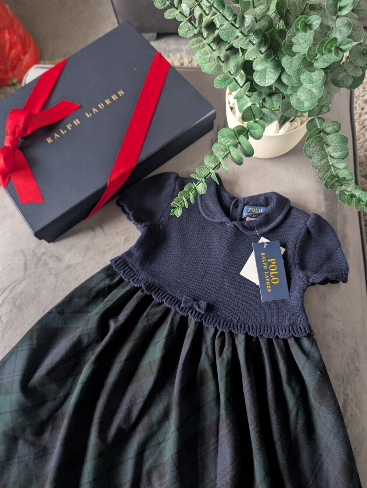 New Ralph Lauren Tartan Plaid Pretty Green Navy Knit Bow Dress Gift 4y Rrp £125