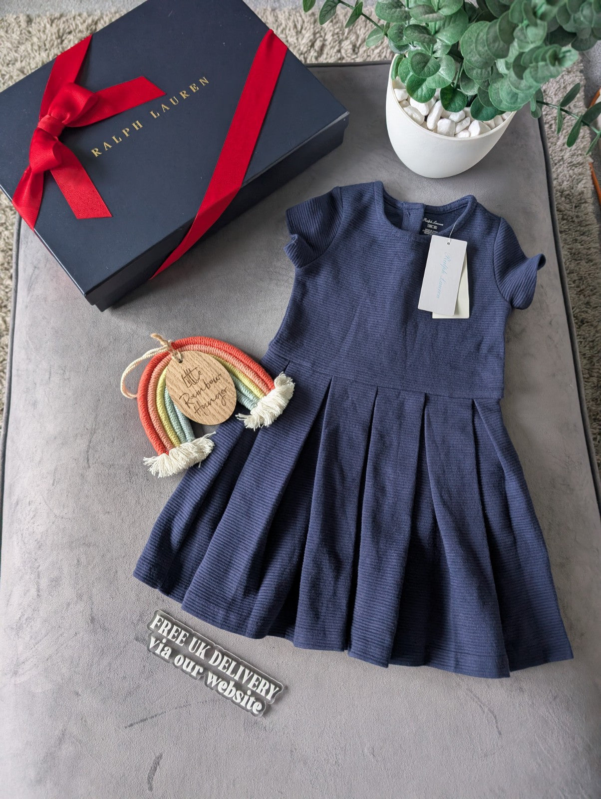 new polo Ralph Lauren French Navy Pleated  dress Girls Age 18m ribbed smart Cute