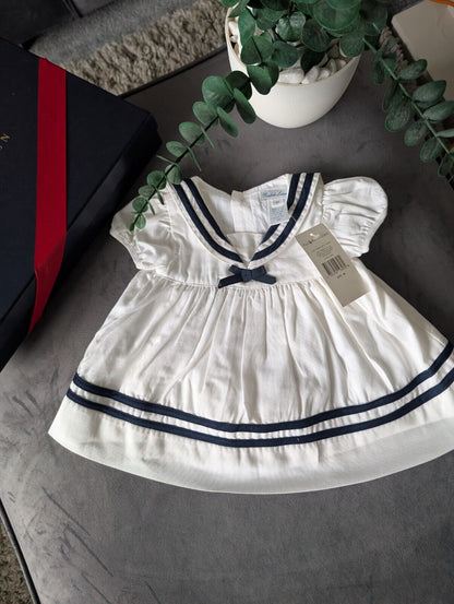 New stunning Ralph Lauren baby girls sally sailor dress white navy bow 0-3m