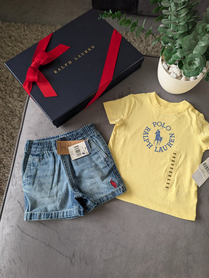 New polo Ralph Lauren baby t shirt Yellow + Denim Shorts 6-9m gift pony Logo