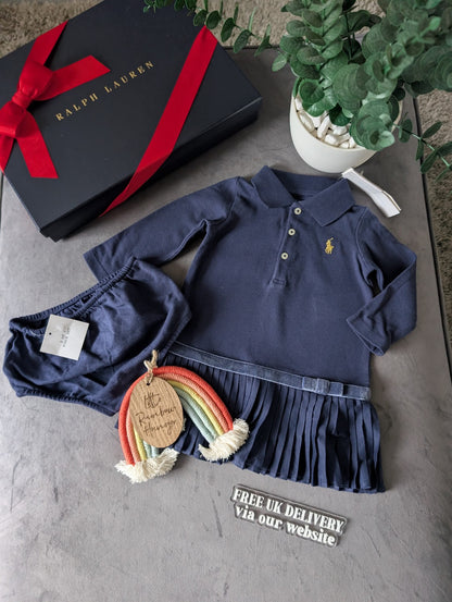 New Ralph Lauren Pleated shirt dress Blue Bow 6-9m Occasion Formal Tennis Gift