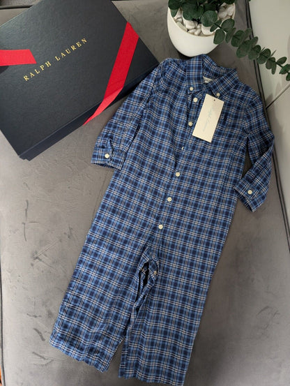 New 12m Ralph Lauren boys Kensington romper all in one pyjama night navy cream