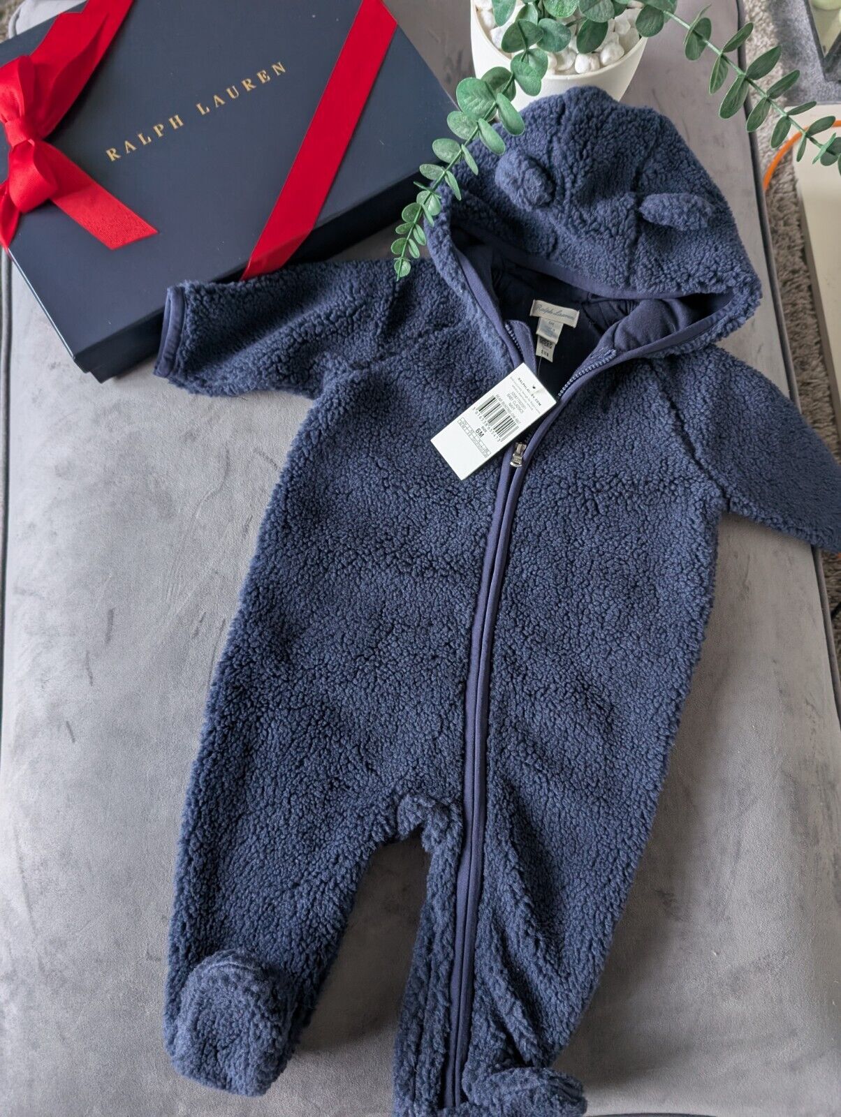 New Ralph Lauren baby boys faux shearling bear all in one snowsuit baby gift 3-6