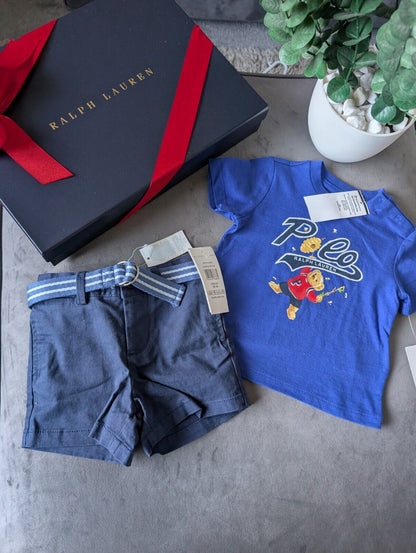 New adorable Ralph Lauren boys Bear Bee t Shirt + navy blue short set 6-9m gift