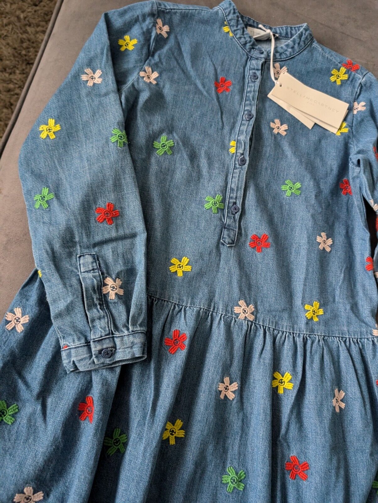 New Stella McCartney kids denim tiered smiley flowers dress embroidered 8/9 yrs